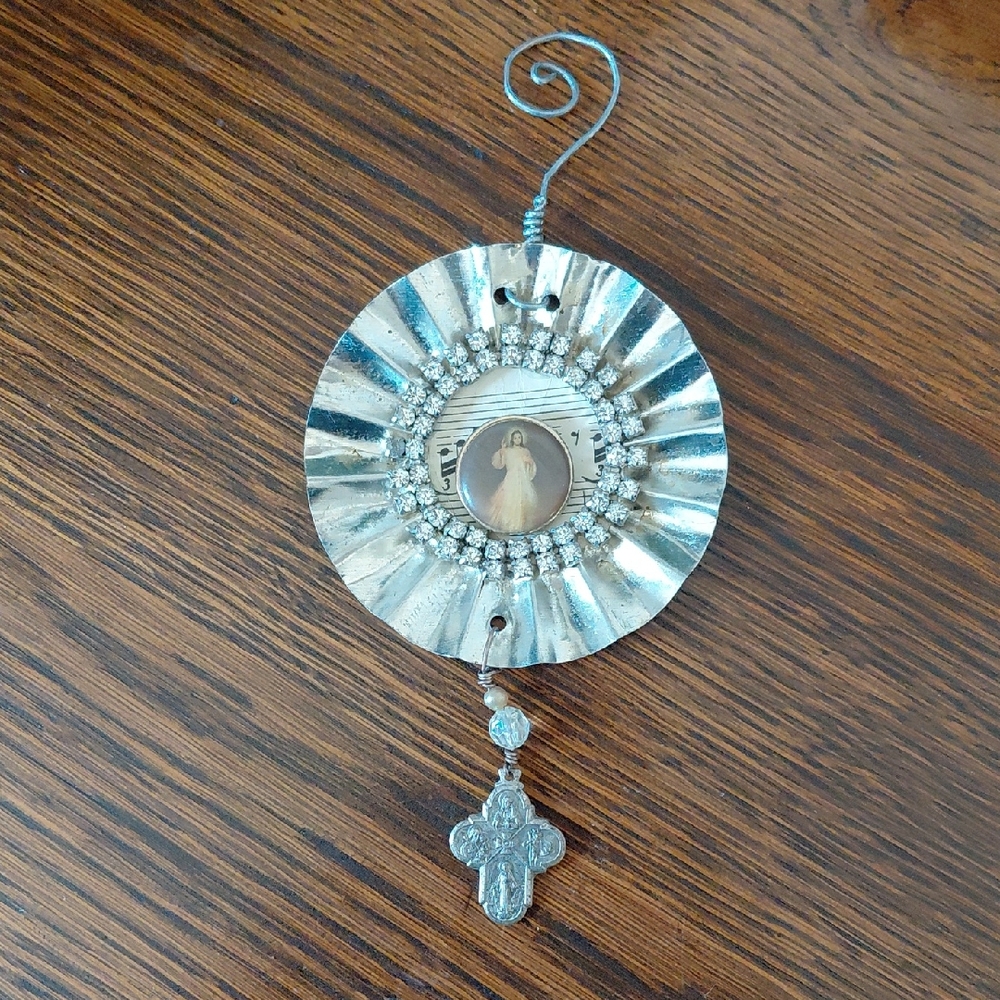 Vintage Religious Catholic Ornament with Silver Accents